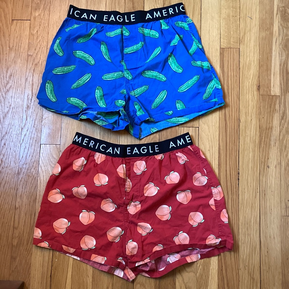American Eagle Men's Blue Pickle & Red Peach Boxer Shorts (Set of 2) - Size M